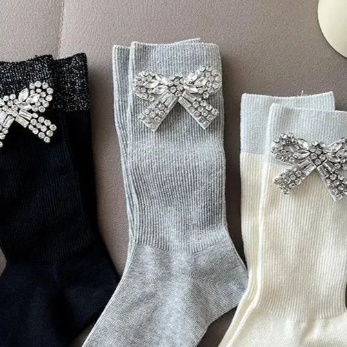 Bow Tie Crystal Rhinestone Charm Slouch Junk Socks