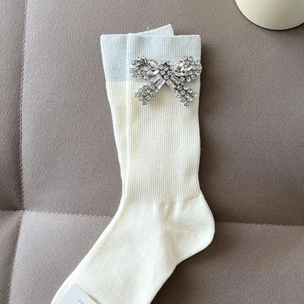 Bow Tie Crystal Rhinestone Charm Slouch Junk Socks