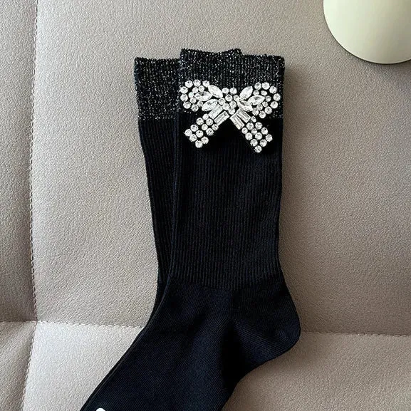 Bow Tie Crystal Rhinestone Charm Slouch Junk Socks