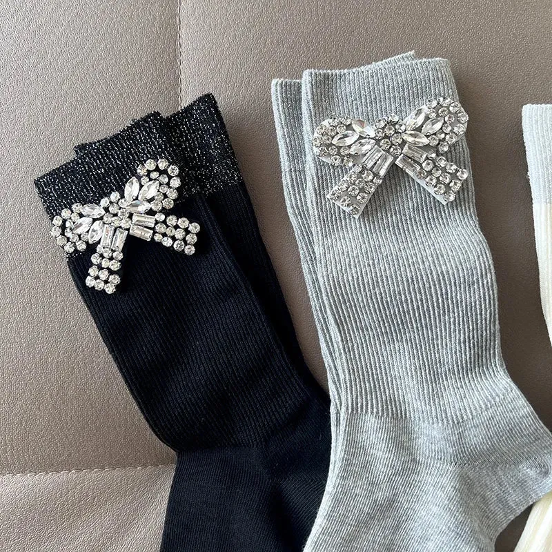 Bow Tie Crystal Rhinestone Charm Slouch Junk Socks