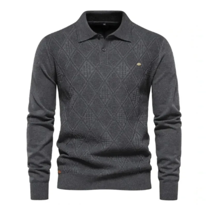 FitWarm - Heren Polo Trui met Diamantpatroon, Lange Mouw Gebreide Pullover