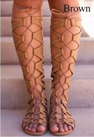 Gladiator Sandals Flats Summer Shoe Ladies Sexy Casual Knee-High Boots Multi-Strap Gladiator Sandals Shoes 35-43