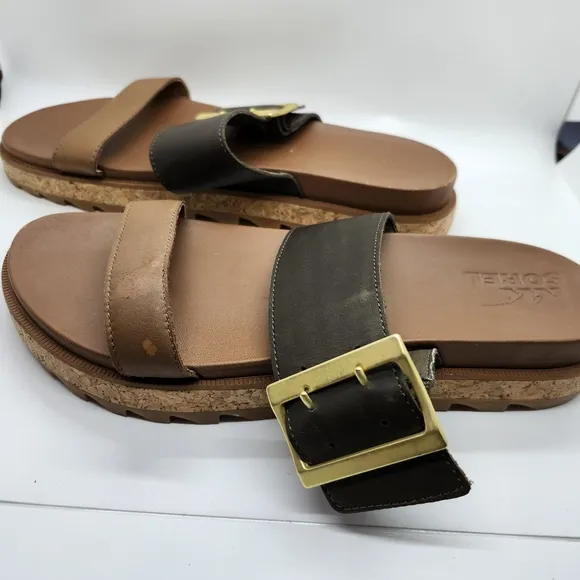 Sorel NWOT Brown and Tan Slide Sandals with Gold Buckle