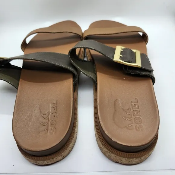 Sorel NWOT Brown and Tan Slide Sandals with Gold Buckle